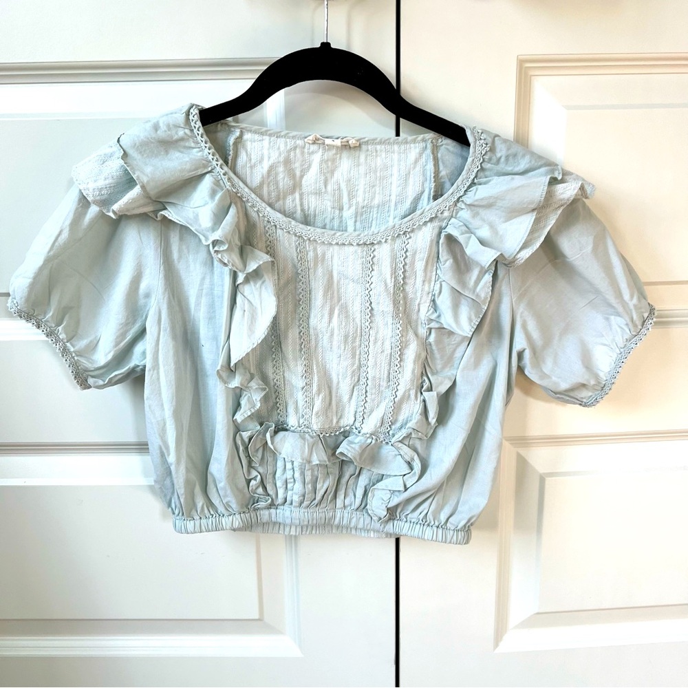 ✨ For Love & Lemons Baby‑Blue Ruffle Crop Blouse